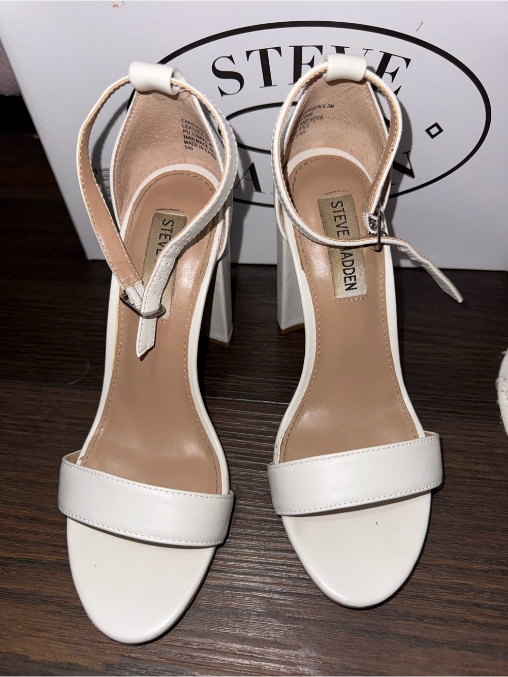 Steve Madden White Block Heel Ankle Strap Sandals